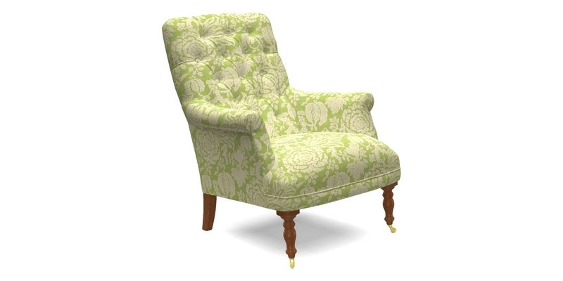 Snape Button Back chair in Spill Resistant V&A Bird & Rabbit Dark Green and Cube footstool in Spill Resistant RHS Etta's Stripe Ink