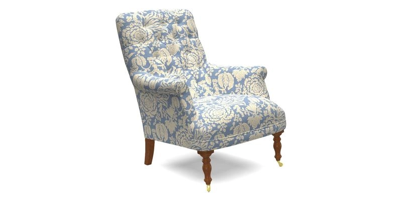 Snape Button Back chair in Spill Resistant V&A Bird & Rabbit Dark Green and Cube footstool in Spill Resistant RHS Etta's Stripe Ink