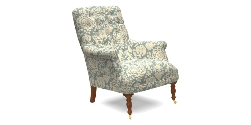 Snape Button Back chair in Spill Resistant V&A Bird & Rabbit Dark Green and Cube footstool in Spill Resistant RHS Etta's Stripe Ink