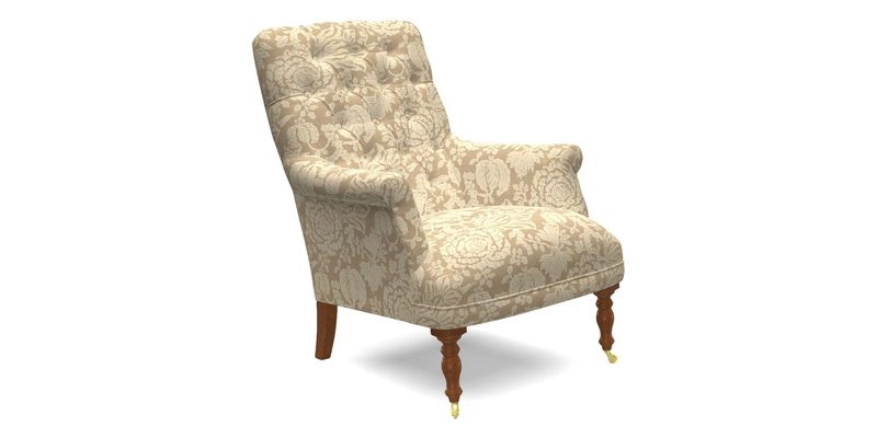 Snape Button Back chair in Spill Resistant V&A Bird & Rabbit Dark Green and Cube footstool in Spill Resistant RHS Etta's Stripe Ink