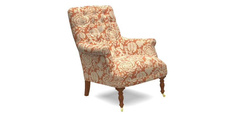 Snape Button Back chair in Spill Resistant V&A Bird & Rabbit Dark Green and Cube footstool in Spill Resistant RHS Etta's Stripe Ink