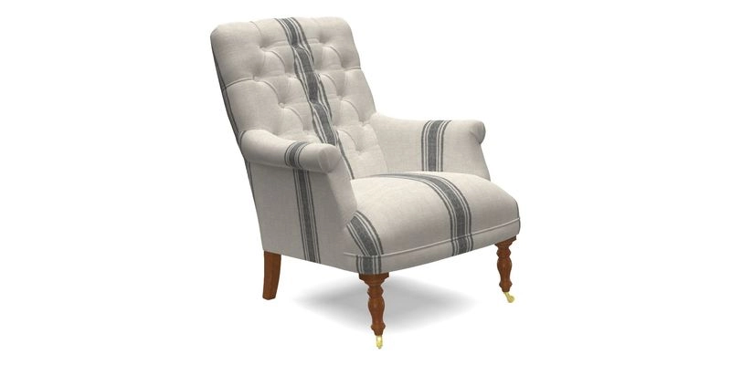 Snape Button Back chair in Spill Resistant V&A Bird & Rabbit Dark Green and Cube footstool in Spill Resistant RHS Etta's Stripe Ink