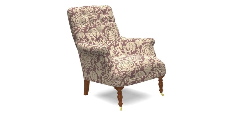 Snape Button Back chair in Spill Resistant V&A Bird & Rabbit Dark Green and Cube footstool in Spill Resistant RHS Etta's Stripe Ink