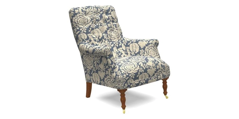 Snape Button Back chair in Spill Resistant V&A Bird & Rabbit Dark Green and Cube footstool in Spill Resistant RHS Etta's Stripe Ink