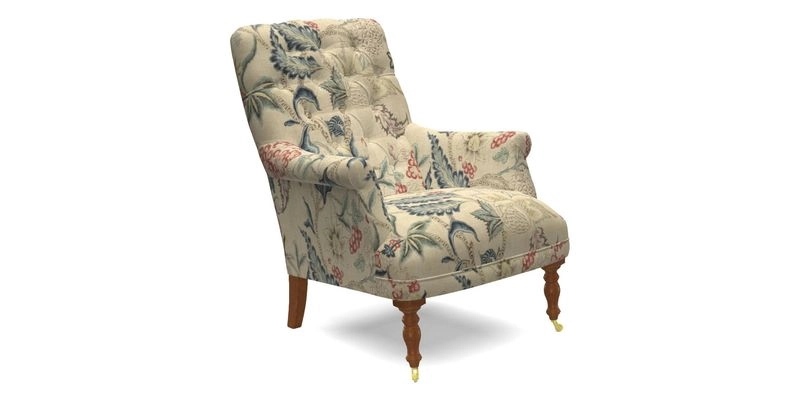 Snape Button Back chair in Spill Resistant V&A Bird & Rabbit Dark Green and Cube footstool in Spill Resistant RHS Etta's Stripe Ink