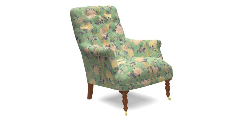 Snape Button Back chair in Spill Resistant V&A Bird & Rabbit Dark Green and Cube footstool in Spill Resistant RHS Etta's Stripe Ink