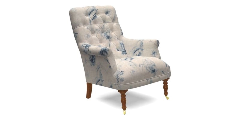 Snape Button Back chair in Spill Resistant V&A Bird & Rabbit Dark Green and Cube footstool in Spill Resistant RHS Etta's Stripe Ink