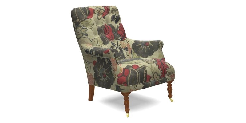 Snape Button Back chair in Spill Resistant V&A Bird & Rabbit Dark Green and Cube footstool in Spill Resistant RHS Etta's Stripe Ink