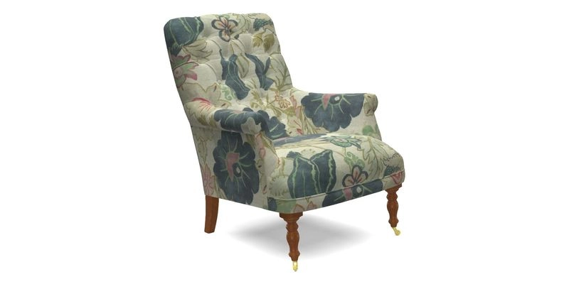 Snape Button Back chair in Spill Resistant V&A Bird & Rabbit Dark Green and Cube footstool in Spill Resistant RHS Etta's Stripe Ink