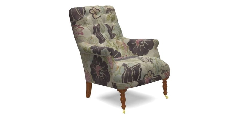 Snape Button Back chair in Spill Resistant V&A Bird & Rabbit Dark Green and Cube footstool in Spill Resistant RHS Etta's Stripe Ink