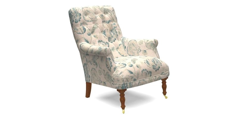 Snape Button Back chair in Spill Resistant V&A Bird & Rabbit Dark Green and Cube footstool in Spill Resistant RHS Etta's Stripe Ink