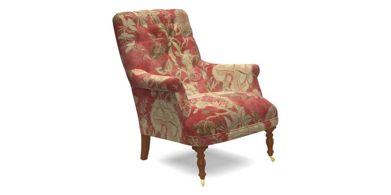 Snape Button Back chair in Spill Resistant V&A Bird & Rabbit Dark Green and Cube footstool in Spill Resistant RHS Etta's Stripe Ink