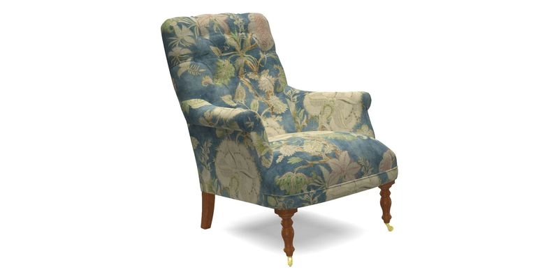 Snape Button Back chair in Spill Resistant V&A Bird & Rabbit Dark Green and Cube footstool in Spill Resistant RHS Etta's Stripe Ink