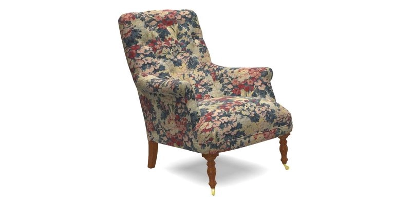 Snape Button Back chair in Spill Resistant V&A Bird & Rabbit Dark Green and Cube footstool in Spill Resistant RHS Etta's Stripe Ink