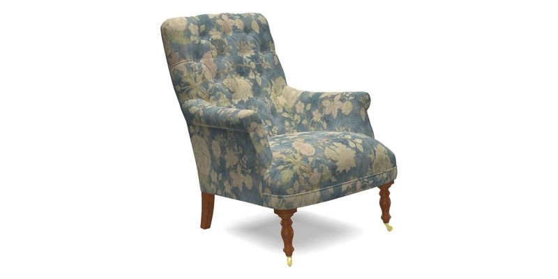 Snape Button Back chair in Spill Resistant V&A Bird & Rabbit Dark Green and Cube footstool in Spill Resistant RHS Etta's Stripe Ink