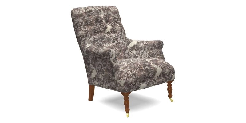 Snape Button Back chair in Spill Resistant V&A Bird & Rabbit Dark Green and Cube footstool in Spill Resistant RHS Etta's Stripe Ink