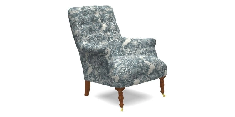 Snape Button Back chair in Spill Resistant V&A Bird & Rabbit Dark Green and Cube footstool in Spill Resistant RHS Etta's Stripe Ink