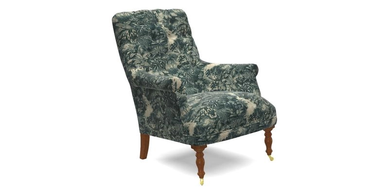 Snape Button Back chair in Spill Resistant V&A Bird & Rabbit Dark Green and Cube footstool in Spill Resistant RHS Etta's Stripe Ink