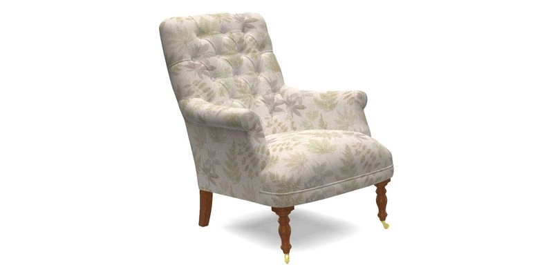 Snape Button Back chair in Spill Resistant V&A Bird & Rabbit Dark Green and Cube footstool in Spill Resistant RHS Etta's Stripe Ink