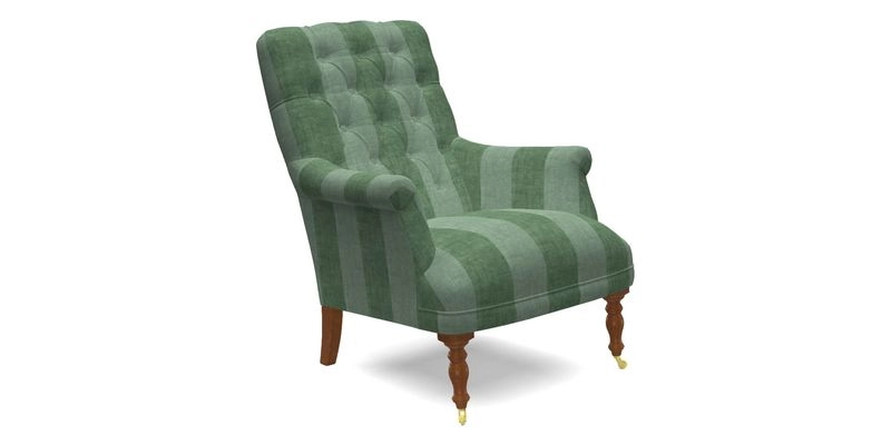 Snape Button Back chair in Spill Resistant V&A Bird & Rabbit Dark Green and Cube footstool in Spill Resistant RHS Etta's Stripe Ink