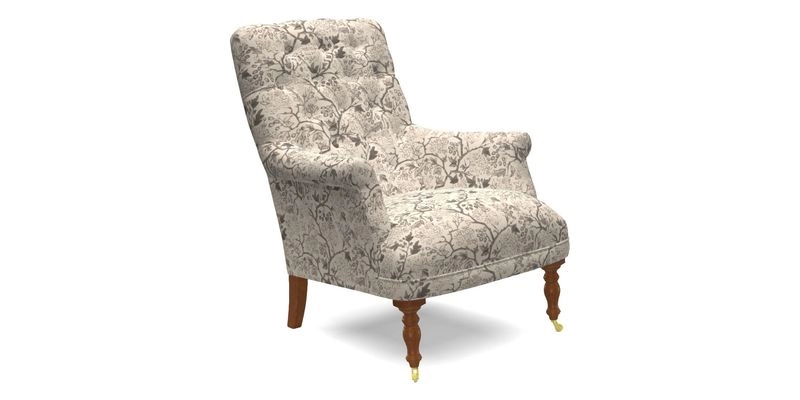 Snape Button Back chair in Spill Resistant V&A Bird & Rabbit Dark Green and Cube footstool in Spill Resistant RHS Etta's Stripe Ink