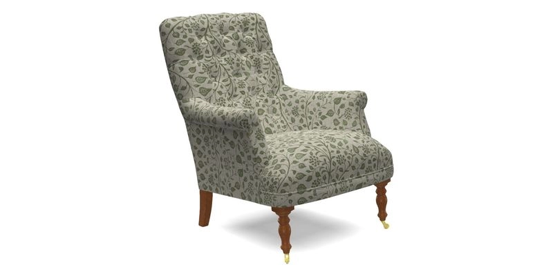 Snape Button Back chair in Spill Resistant V&A Bird & Rabbit Dark Green and Cube footstool in Spill Resistant RHS Etta's Stripe Ink