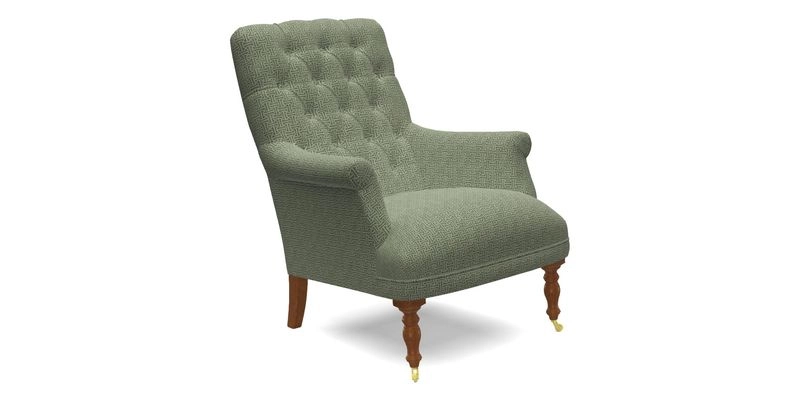 Snape Button Back chair in Spill Resistant V&A Bird & Rabbit Dark Green and Cube footstool in Spill Resistant RHS Etta's Stripe Ink