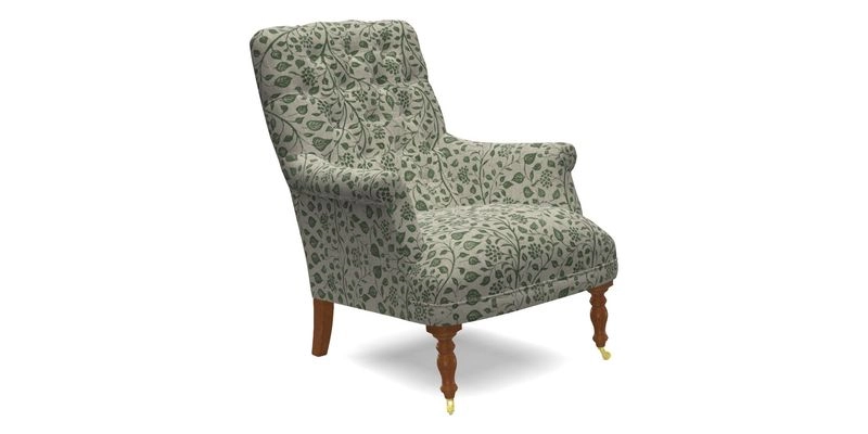 Snape Button Back chair in Spill Resistant V&A Bird & Rabbit Dark Green and Cube footstool in Spill Resistant RHS Etta's Stripe Ink