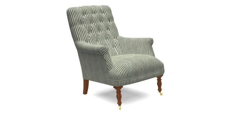Snape Button Back chair in Spill Resistant V&A Bird & Rabbit Dark Green and Cube footstool in Spill Resistant RHS Etta's Stripe Ink