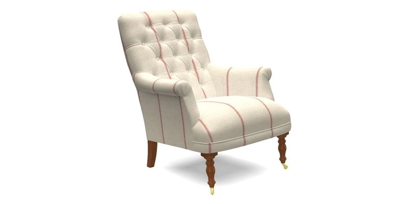 Snape Button Back chair in Spill Resistant V&A Bird & Rabbit Dark Green and Cube footstool in Spill Resistant RHS Etta's Stripe Ink