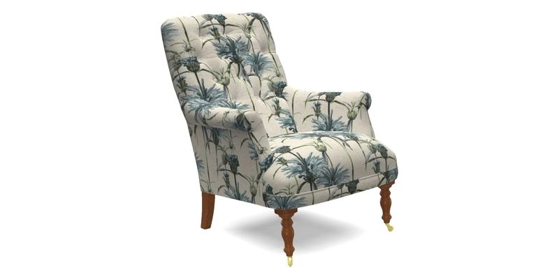 Snape Button Back chair in Spill Resistant V&A Bird & Rabbit Dark Green and Cube footstool in Spill Resistant RHS Etta's Stripe Ink