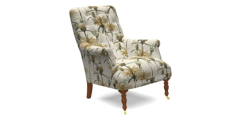 Snape Button Back chair in Spill Resistant V&A Bird & Rabbit Dark Green and Cube footstool in Spill Resistant RHS Etta's Stripe Ink