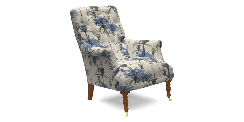 Snape Button Back chair in Spill Resistant V&A Bird & Rabbit Dark Green and Cube footstool in Spill Resistant RHS Etta's Stripe Ink