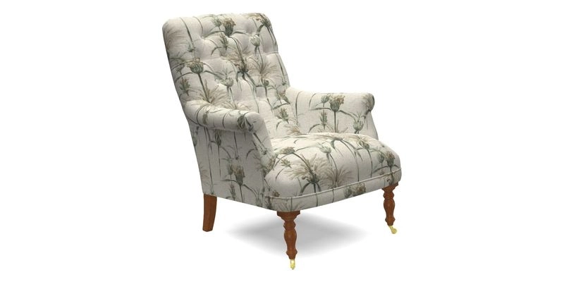 Snape Button Back chair in Spill Resistant V&A Bird & Rabbit Dark Green and Cube footstool in Spill Resistant RHS Etta's Stripe Ink