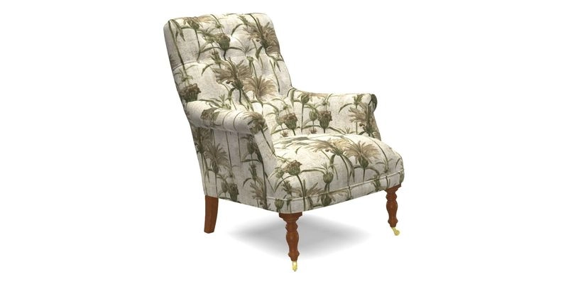 Snape Button Back chair in Spill Resistant V&A Bird & Rabbit Dark Green and Cube footstool in Spill Resistant RHS Etta's Stripe Ink