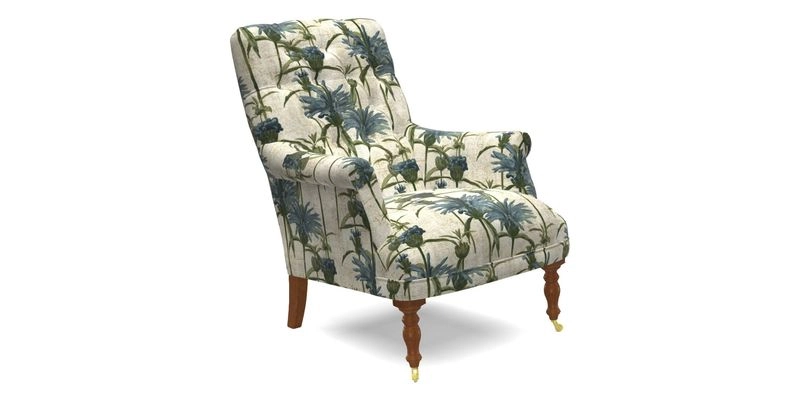 Snape Button Back chair in Spill Resistant V&A Bird & Rabbit Dark Green and Cube footstool in Spill Resistant RHS Etta's Stripe Ink