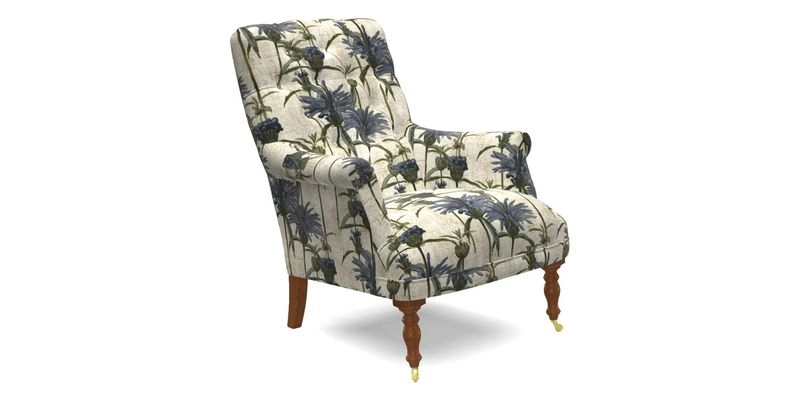 Snape Button Back chair in Spill Resistant V&A Bird & Rabbit Dark Green and Cube footstool in Spill Resistant RHS Etta's Stripe Ink