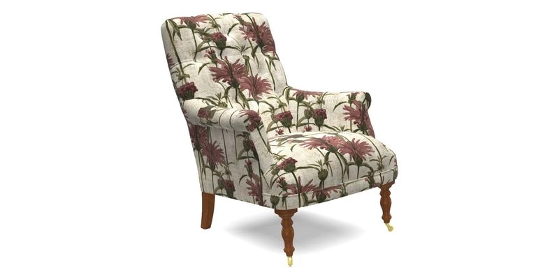 Snape Button Back chair in Spill Resistant V&A Bird & Rabbit Dark Green and Cube footstool in Spill Resistant RHS Etta's Stripe Ink