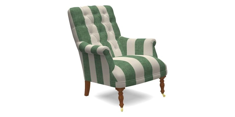 Snape Button Back chair in Spill Resistant V&A Bird & Rabbit Dark Green and Cube footstool in Spill Resistant RHS Etta's Stripe Ink