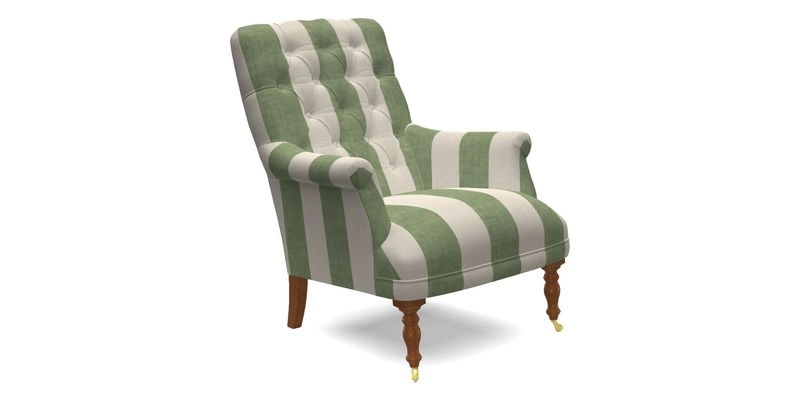Snape Button Back chair in Spill Resistant V&A Bird & Rabbit Dark Green and Cube footstool in Spill Resistant RHS Etta's Stripe Ink