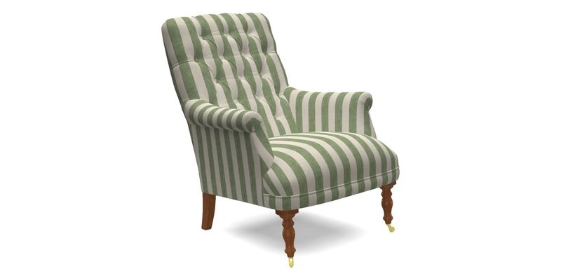 Snape Button Back chair in Spill Resistant V&A Bird & Rabbit Dark Green and Cube footstool in Spill Resistant RHS Etta's Stripe Ink
