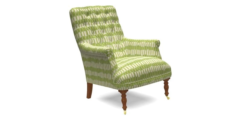 Snape Button Back chair in Spill Resistant V&A Bird & Rabbit Dark Green and Cube footstool in Spill Resistant RHS Etta's Stripe Ink