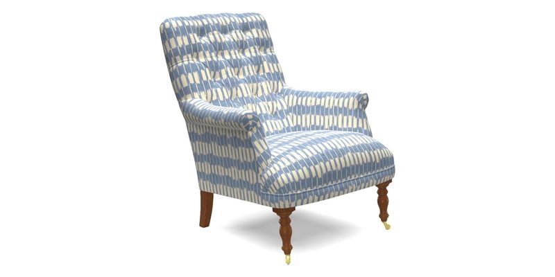 Snape Button Back chair in Spill Resistant V&A Bird & Rabbit Dark Green and Cube footstool in Spill Resistant RHS Etta's Stripe Ink