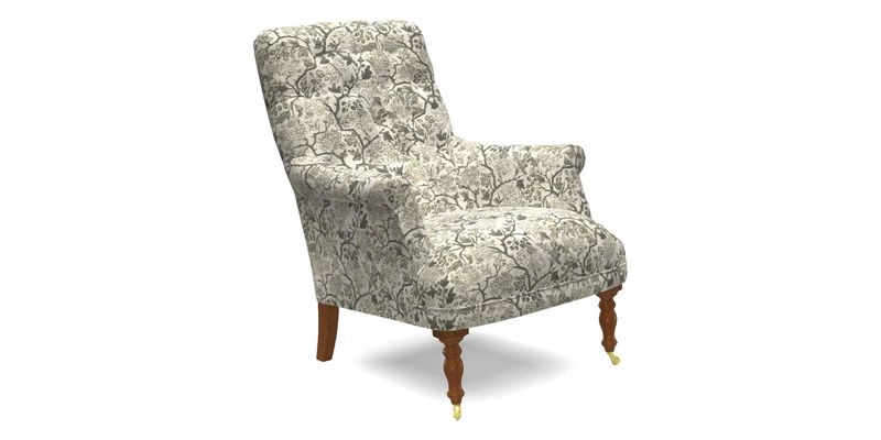 Snape Button Back chair in Spill Resistant V&A Bird & Rabbit Dark Green and Cube footstool in Spill Resistant RHS Etta's Stripe Ink