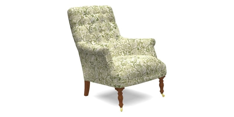 Snape Button Back chair in Spill Resistant V&A Bird & Rabbit Dark Green and Cube footstool in Spill Resistant RHS Etta's Stripe Ink