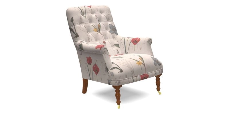 Snape Button Back chair in Spill Resistant V&A Bird & Rabbit Dark Green and Cube footstool in Spill Resistant RHS Etta's Stripe Ink