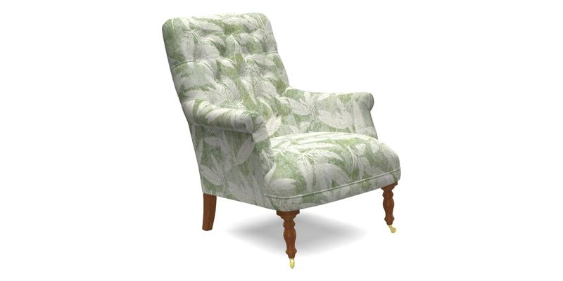 Snape Button Back chair in Spill Resistant V&A Bird & Rabbit Dark Green and Cube footstool in Spill Resistant RHS Etta's Stripe Ink