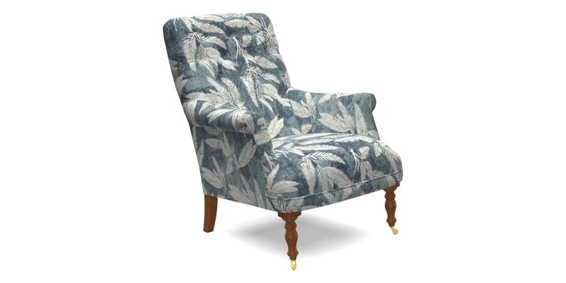 Snape Button Back chair in Spill Resistant V&A Bird & Rabbit Dark Green and Cube footstool in Spill Resistant RHS Etta's Stripe Ink