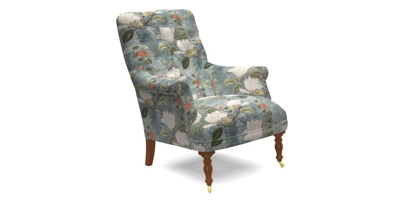 Snape Button Back chair in Spill Resistant V&A Bird & Rabbit Dark Green and Cube footstool in Spill Resistant RHS Etta's Stripe Ink