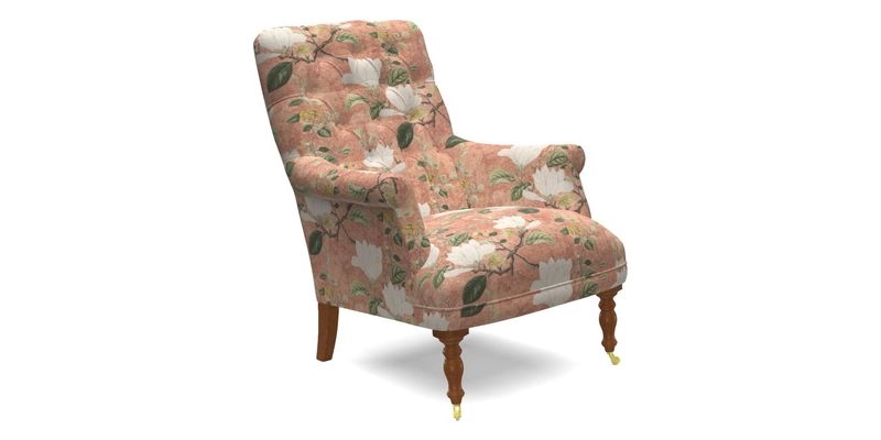 Snape Button Back chair in Spill Resistant V&A Bird & Rabbit Dark Green and Cube footstool in Spill Resistant RHS Etta's Stripe Ink